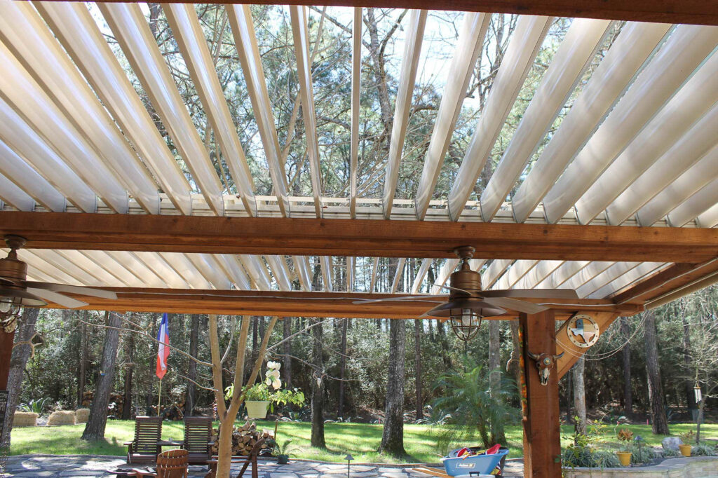 Motorized louvered roof system installed on a residential patio in Houston