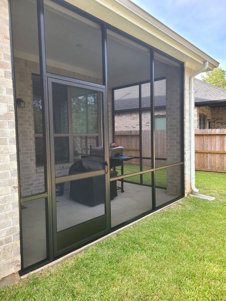 Custom patio enclosures with screening or glass panels creating protected outdoor spaces by 21st Century Sunrooms Houston TX