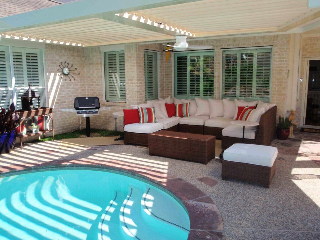 Freestanding louvered pergola systems creating standalone covered areas by 21st Century Sunrooms Houston TX